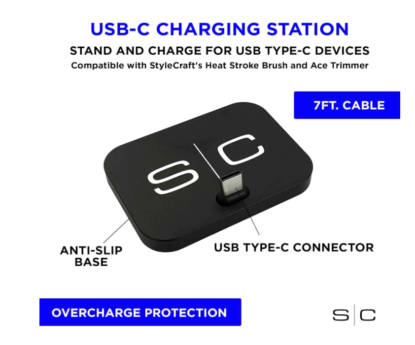 StyleCraft USB-C Portable Charging Station Stand for Hair Clippers, Trimmers, Shavers