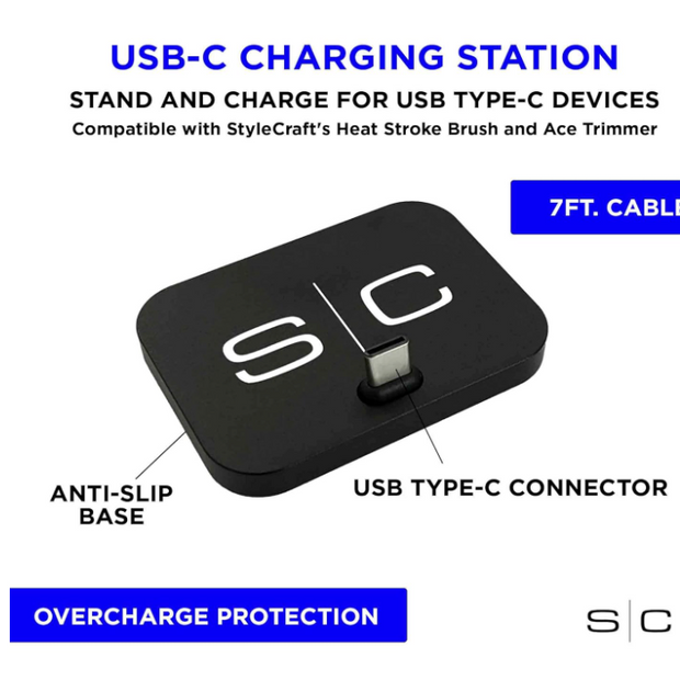 StyleCraft USB-C Portable Charging Station Stand for Hair Clippers, Trimmers, Shavers