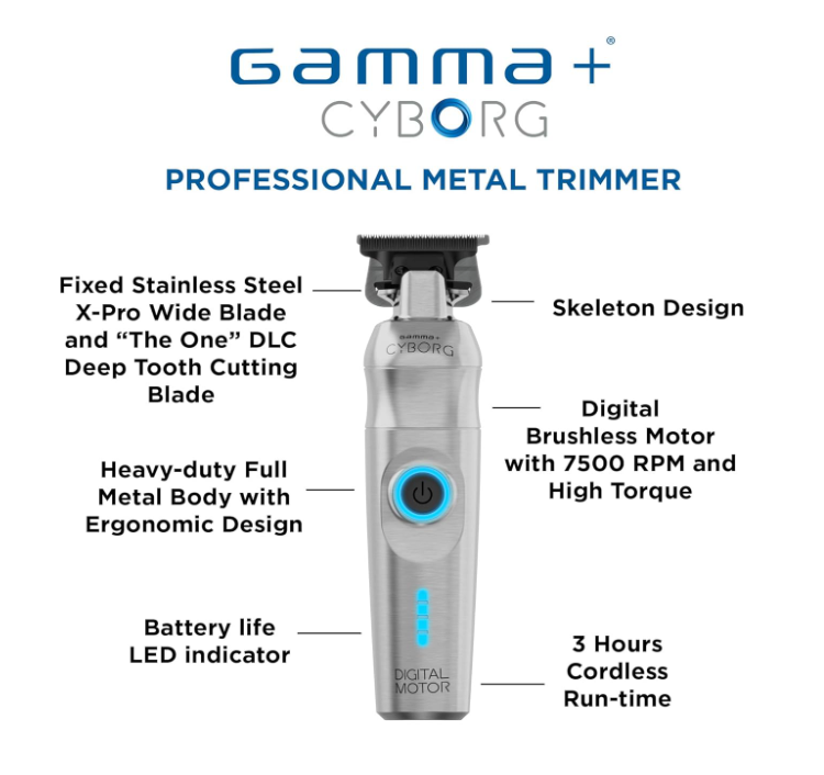 GAMMA+ Cyborg Professional Metal Cordless Ergonomic Hair Clipper Trimmer with Digital Brushless Motor