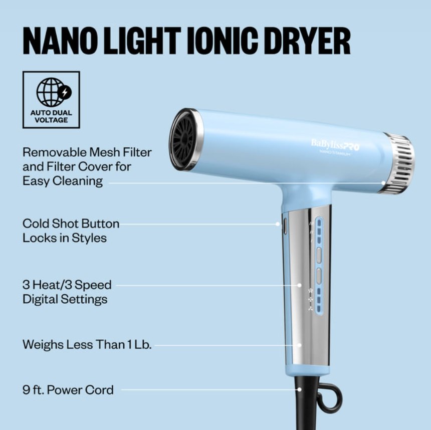 #BNTC9200LB BABYLISSPRO NANO LIGHT IONIC HIGH-SPEED DRYER (ICED BLUE)