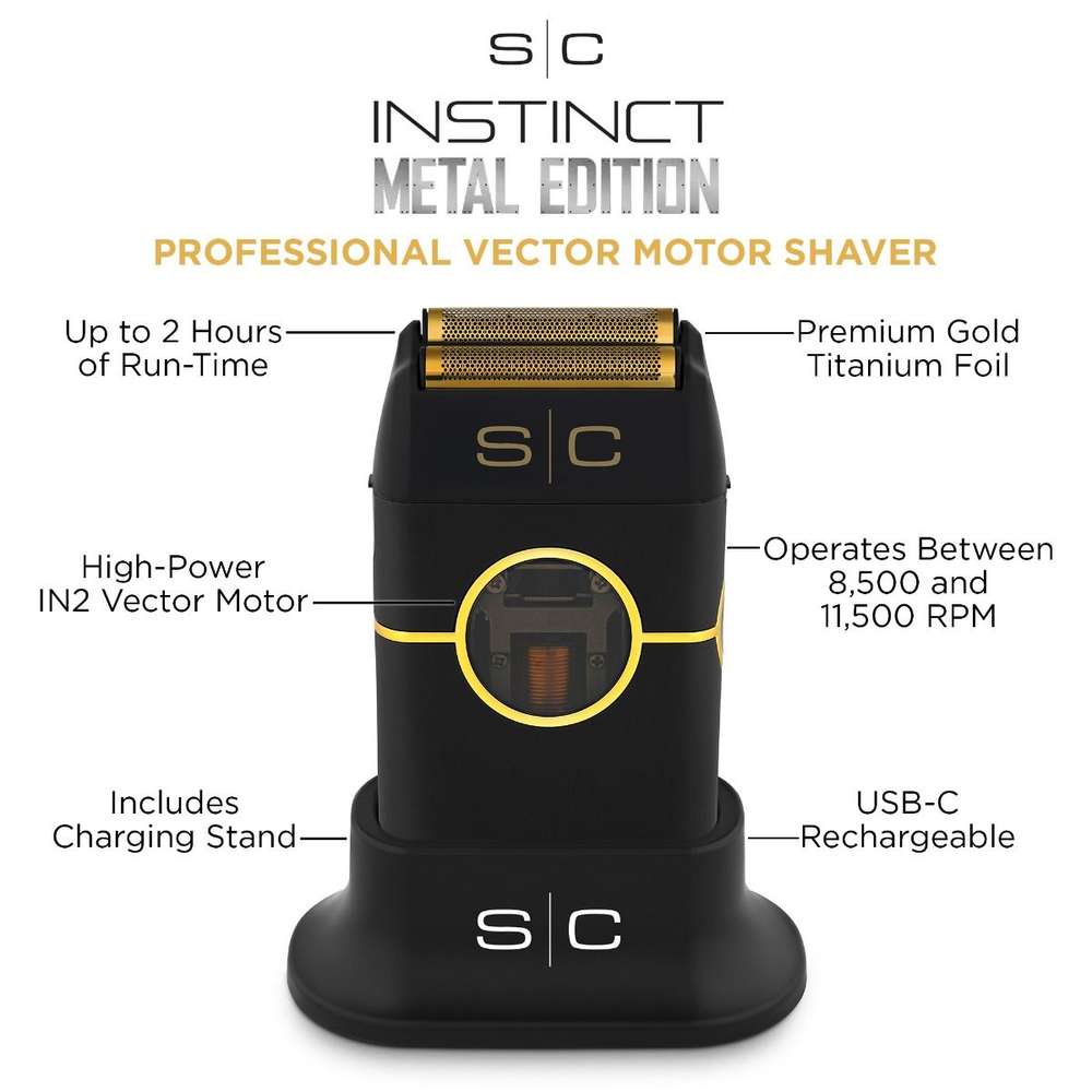 StyleCraft Instinct Metal Shaver - Professional Double Foil Cordless Shaver with Intuitive Torque Control and IN2 Vector Motor in Black