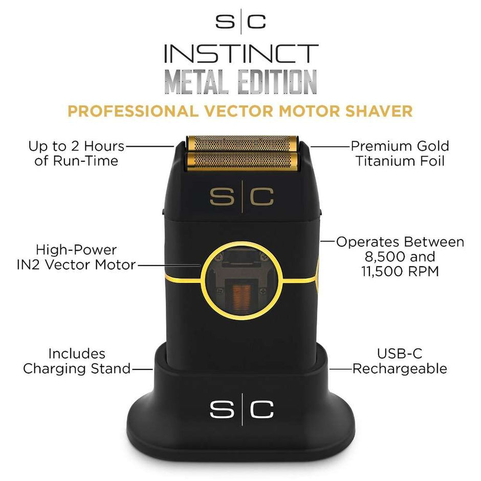 StyleCraft Instinct Metal Shaver - Professional Double Foil Cordless Shaver with Intuitive Torque Control and IN2 Vector Motor in Black