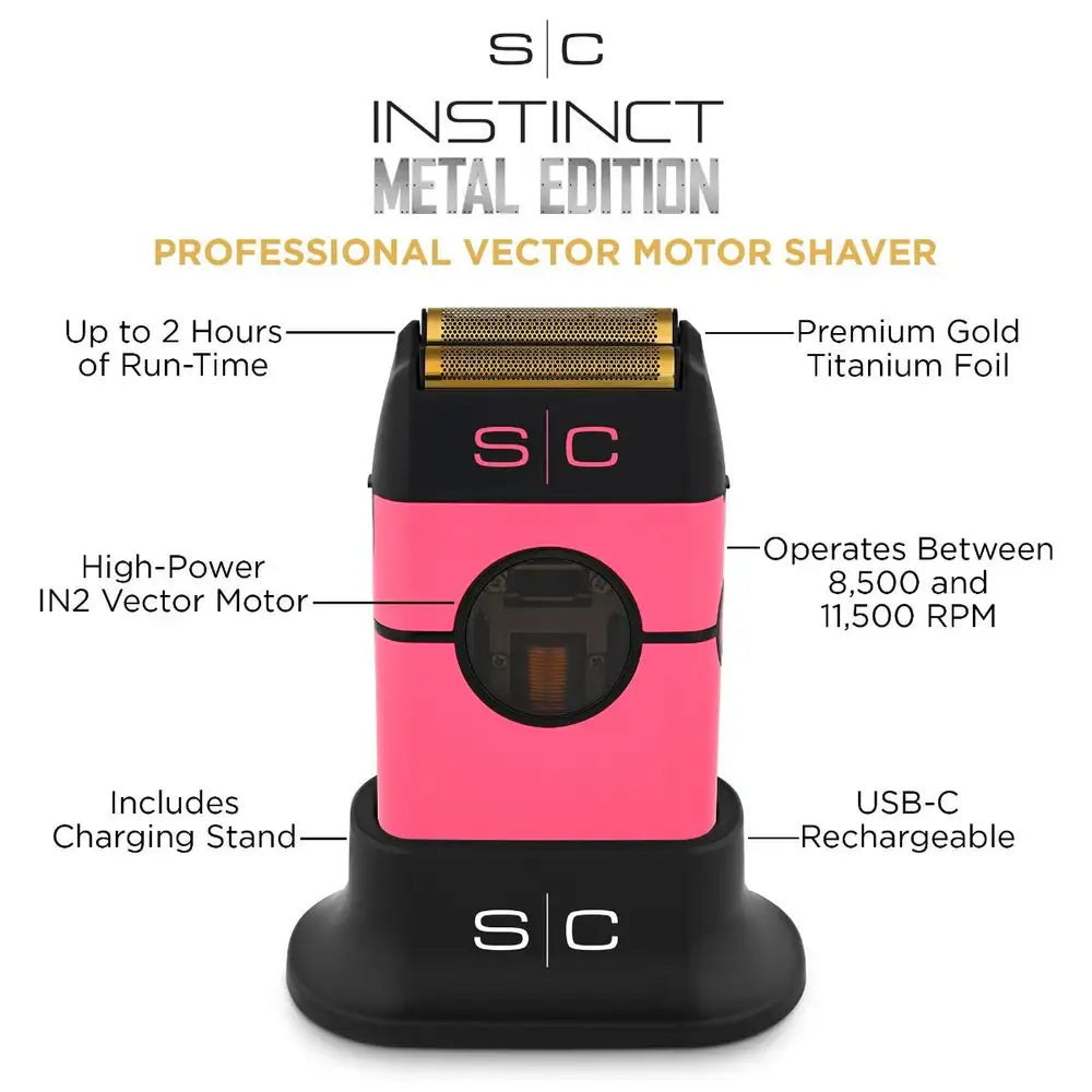 StyleCraft Instinct Metal Shaver - Professional Double Foil Cordless Shaver with Intuitive Torque Control and IN2 Vector Motor in Pink